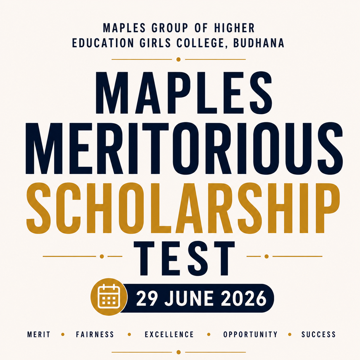 MAPLES Meritorious Scholarship Test 2026 at Marples Group of Higher Education Girls College